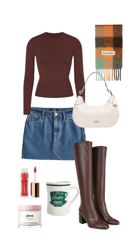 Rory Gilmore Mini Skirt, Outfit With Leather Boots, Fall Boots Outfit Casual, Jean Mini Skirt Fall Outfit, Outfits For Brown Boots, Denim Skirt Brown Boots Outfit, Cafe Look Outfit, Brown Knee High Boots Outfit Fall, Flat Brown Boots Outfit