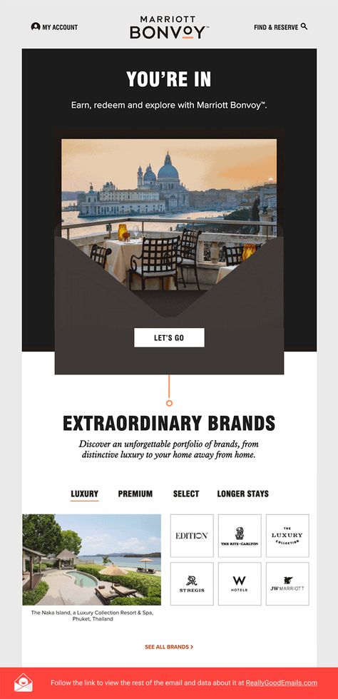 Marriott sent this email with the subject line: Discover Marriott Bonvoy, Smiles Davis - Read about this email and find more welcome emails at ReallyGoodEmails.com #hotels #resorts #welcome #discovery Hotel Email Marketing, Email Campaign Design Layout Ideas, Event Email Marketing, Hotel Email Design, Welcome Email Design Inspiration, Travel Email Design, Event Email Design, Invitation Email Design, Corporate Email Design