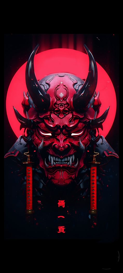 Red And Black Samurai Wallpaper, Oni Iphone Wallpaper, Samurai Oni Wallpaper, Ninja Mask Design, Samurai Mask Wallpaper, Dark Samurai Wallpaper, Oni Mask Wallpaper, Oni Wallpaper, Red Oni Mask