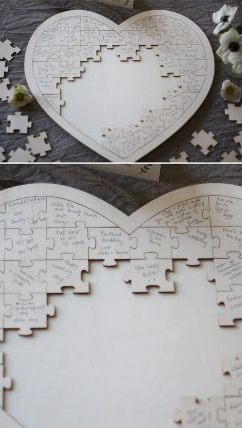 Wooden Heart Guest Book, Puzzle Wedding, Alternative Wedding Guest Book, Wedding Puzzle, Rustic Wedding Decorations, Guest Book Ideas, Wedding Gifts For Guests, Wedding Guest Book Alternatives, Future Wedding Plans