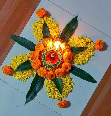 House Flower Decoration, Flower Diya Rangoli, Diwali Pooja Decoration At Home, Simple Flower Rangoli Diwali, Laxmi Puja Decoration At Home, Floral Rangoli Designs Flower, Rangoli From Flowers, Laxmi Pooja Rangoli, Home Decoration With Flowers