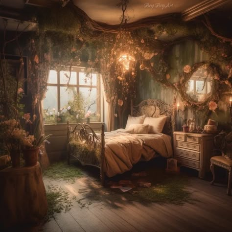 Earth Aesthetic Bedroom, Nature Bedroom Decor Ideas, Mushroomcore Bedroom, Witchy Cottage Core Bedroom, Cottage House Bedroom, Ethereal Aesthetic Bedroom, Fairy Cottage Bedroom, Cottage Core Room Aesthetic, Fairy Home Aesthetic