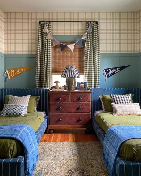 Plaid Bedroom Ideas, Twin Beds For Boys, Shared Boys Rooms, Kids Rooms Inspo, Boys Bedroom Makeover, Big Boy Bedrooms, Big Kids Room, Kids Bedroom Inspiration, Boy’s Room