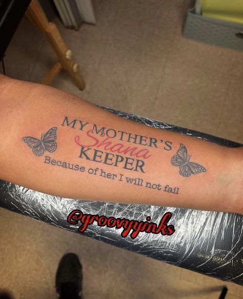 My Auntie Keeper Tattoo, Rip Mother Tattoo Ideas, Tattoo Ideas For Mama, Tattoo Ideas With Parents Names, Married To The Money Tattoo, Name Tattoo On Thigh For Women, Women Small Arm Tattoo Ideas, I Am My Mothers Keeper Tattoo, Tattoo Ideas Mom Name