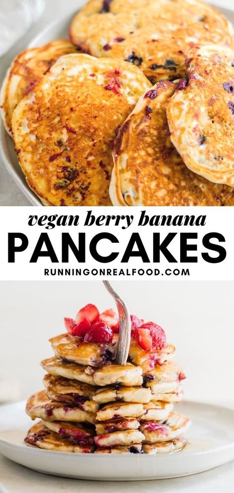 These delicious, vegan banana pancakes with berries are sugar, oil, egg and dairy-free and very easy to make with simple, everyday ingredients for a quick vegan breakfast. Simple Vegan Pancakes, Quick Vegan Breakfast, Vegan Pancakes Easy, Vegan Banana Pancakes, Vegan Pancake Recipes, Quick Vegan, Vegan Pancakes, Vegan Banana, Banana Pancakes