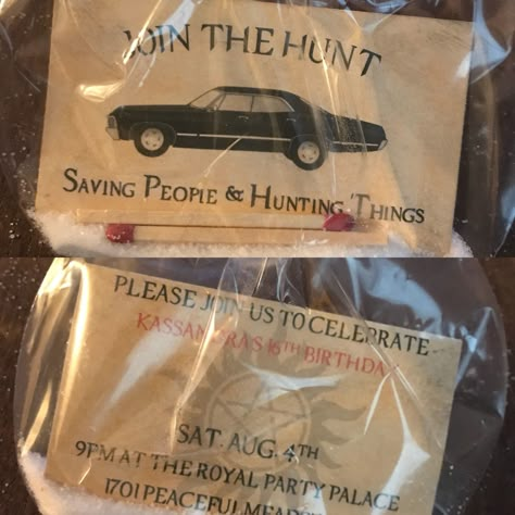 I know it’s not furniture but these are too cute not to post. Supernatural invitations I made for my cousins birthday party. #jointhehunt Supernatural Party Theme, Supernatural Watch Party, Supernatural Bachelorette Party, Supernatural Themed Wedding, Supernatural Diy Crafts, Supernatural Wedding Theme, Supernatural Party Ideas, Supernatural Birthday Party Ideas, Supernatural Recipes