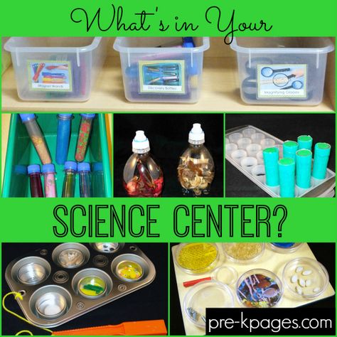 Create a cost-efficient, fun science center for your students, or even for your children at home. Stock it with colorful ingredients and equipment, and be amazed by what your children create. Science Center Preschool, Pre-k Science, Science Area, Pre K Pages, Preschool Science Activities, Prek Classroom, Preschool Centers, Classroom Centers, Creative Curriculum