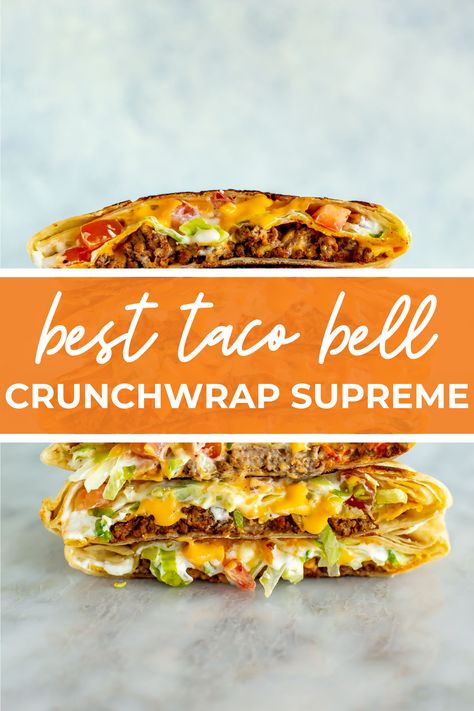 This Copycat Taco Bell Crunchwrap Supreme tastes just like the real deal! It's super crispy and loaded with taco meat, veggies and cheese. Copycat Taco Bell Crunch Wrap, Taco Bell Breakfast Crunch Wrap, Taco Bell Meat Recipe, Chili Cheese Burrito Recipe, Taco Crunch Wrap, Taco Bell Crunch Wrap Supreme, Crunch Wrap Supreme Recipe, Crunchwrap Supreme Recipe, Taco Bell Crunchwrap Supreme