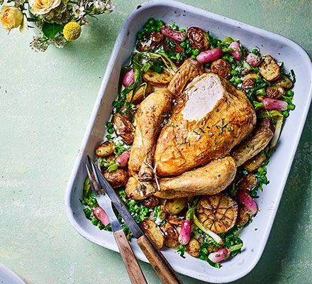 Add a springtime twist to this Sunday roast with radishes and whole spring onions, and a creamy sauce made using mascarpone, tarragon and lemon One Pot Roast, Sausage Hotpot, Sausage Lentil, Gnocchi Chicken, Pot Roast Chicken, Curry Pasta, Roast Chicken Leftovers, Spring Dishes, Good Food Recipes