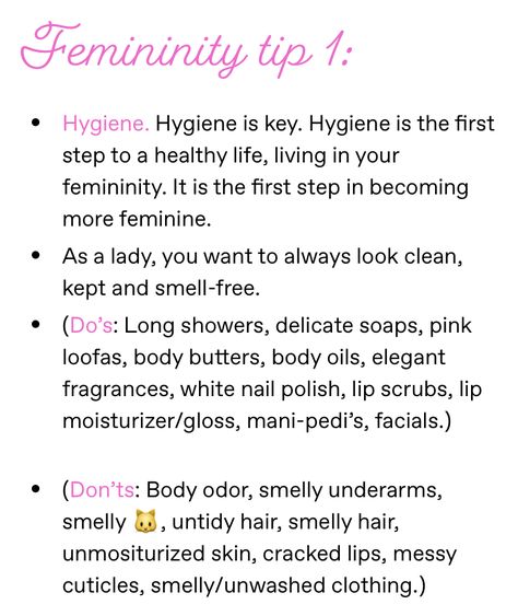 How To Be Hyper Feminine, Soft Feminine Tips, Feminity Tips, Feminine Self Care Tips, Dark Feminine Tips, Feminine Energy Tips, Smelly Underarms, Feminine Tips, Soft Feminine Energy