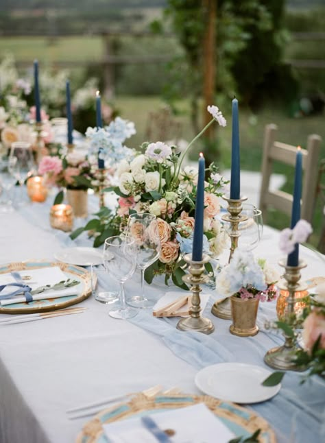 Navy Blue Candles Wedding, Blue Cottagecore Wedding, Blue Candles Wedding, Navy Country Wedding, Navy Blue Centerpieces, Table Setting Candles, Navy Wedding Reception, Blue Table Decor, Navy Wedding Theme