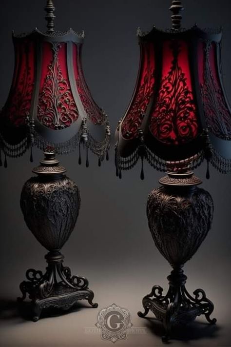 Gothic Victorian Lamp, Romantic Goth Home Decor, Vampire Goth Bedroom, Vampy Bedroom, Moody Bedroom Black, Vampire Bedroom Aesthetic, Vampire Room Aesthetic, Gothic Lampshade, Southern Gothic Decor