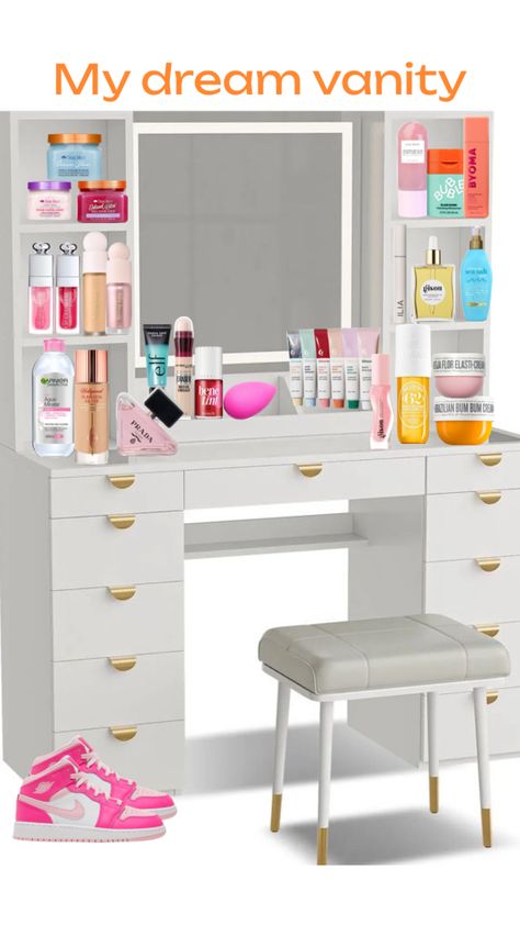 My dream vanity #fyp #preppy #skincare Preppy Vanity Ideas, Desk Vanity Ideas, Skin Care Preppy, Preppy Vanity, Hair Room, Baddie Stuff, Vanity Inspo, Coffee Words, Dream Vanity