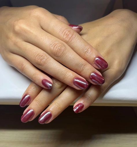 Cherry chrome🍒 --- #cherrychromenails #redcherrynails Cherry Mocha Nails With Chrome, Wine Red With Chrome Nails, Shiny Maroon Nails, Dnd Cherry Mocha Chrome, Chrome Cherry Mocha Nails, Purplish Red Nails, Cherry Chrome Nails Designs, Dark Red With Chrome Nails, Mulled Wine Nails