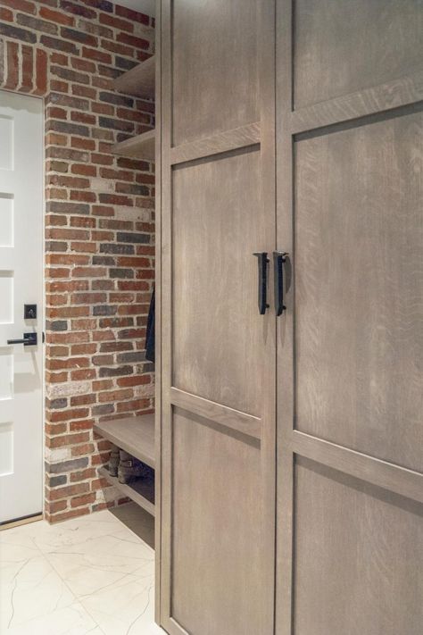 Exposed Brick Mudroom, Beadboard Mudroom, Farmhouse Mud Room, Utility Ideas, Mudroom Cubbies, Wall Cubbies, Ohio House, Mudroom Lockers, Wood Shelving