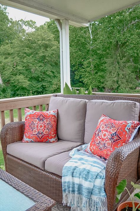 How To Replace Patio Cushions On The Cheap — Peony Street Cheap Outdoor Cushions, Recover Patio Cushions, Diy Patio Cushions, Outdoor Couch Cushions, Outside Cushions, Patio Cushion Covers, Outdoor Sofa Cushions, Beach House Remodel, Patio Seat Cushions