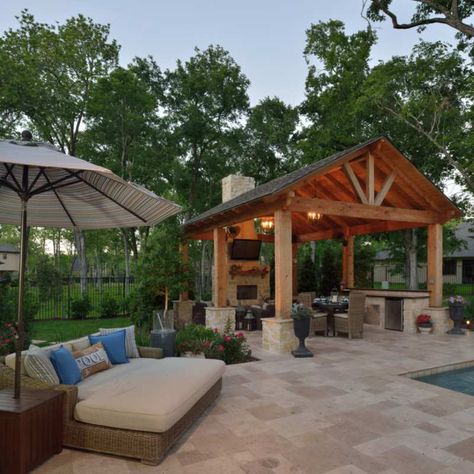 1 new message Pool Gazebo Ideas Cabanas, Poolside Landscape Ideas, Pools And Patios, Pool Patio Furniture, Pool Gazebo, Patio Upgrade, Pool Pavilion, Beautiful Outdoor Living Spaces, Outdoor Fireplace Patio