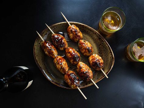 Japanese Grilled Chicken Meatballs (Tsukune) | Saveur Meatloaf Meatballs, Japanese Chicken, Chicken Meatball Recipes, Asian Sauce, Ginger Chicken, Grilled Tomatoes, Chicken Meatballs, Cooking Salmon, Minced Meat