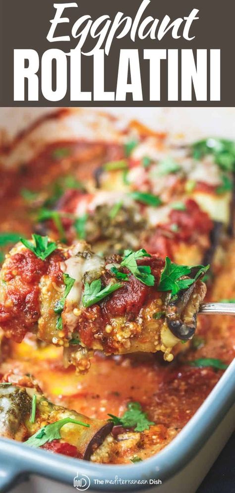 You'll love these eggplant rollatini made with a lightened up ricotta cheese mixture with parsley and basil pesto! Easy to make and you can make them ahead to freeze for later! #italianfood #italianrecipes #eggplant #eggplantcasserole #eggplantrollatini #rollatini #glutenfree #makeahead #mealprep #freezerfriendlydinner Veggie Entrees, Eggplant Rollatini Recipe, Easy Eggplant, Eggplant Rollatini, Eggplant Recipes Easy, The Mediterranean Dish, Eggplant Dishes, Easy Mediterranean Diet Recipes, Mediterranean Meals