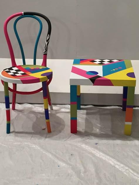 Hand painted wooden chair and table made and sold on an artists workshop in Kuwait. Pop Art Dining Table, Hand Painted Stools Funky Furniture, Wooden Chair And Table, Pop Art Chair, Funky Painted Furniture Ideas, Painted Wooden Chairs, Stool Diy, Art Tables, Ikea Stool