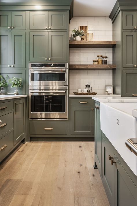 Olive Green Kitchen, Sage Green Kitchen, Green Kitchen Cabinets, Shaker Style Kitchens, New House - Kitchen, Green Cabinets, Kitchen Farmhouse, Kitchen Cabinet Colors, Kitchen Inspiration Design