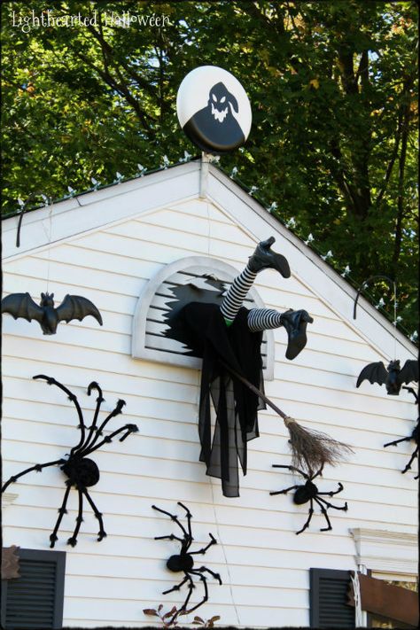 Our Dave Lowe inspired witch crash. Halloween Witch Display Ideas, Witch House Decor Halloween Outdoor, Crashed Witch Diy, Witch Flying School, School Halloween Decorations, Crashing Witch, Flying Witch Halloween, Sliding Gate Design, Funny Halloween Decorations