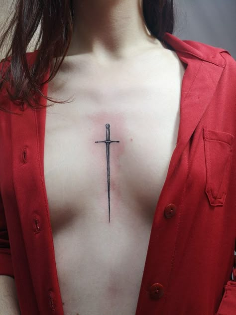 Mine Tattoo, Dagger Tattoo, Sternum Tattoo, Dream Tattoos, Cross Tattoo, Dope Tattoos, Simplistic Tattoos, Chest Tattoo, Piercing Tattoo