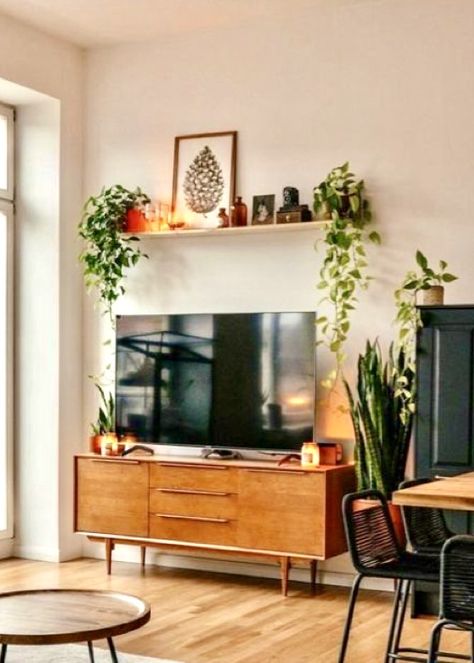 Art Over Tv Stand, Tv With Shelf Above, Under Tv Bookshelf, Living Room Wall Decor Above Tv, Over Tv Shelf, Plant Shelf Above Tv, Decor Above Tv Stand, Plants Above Tv, Shelf Over Tv Living Room