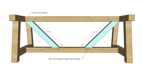 Step 2 Instructions:  Attach the two legs together with the center beams. Farmhouse Truss Table, Truss Beam Table, 4x4 Table, Truss Table, Beam Table, Build A Farmhouse, Woodworking Table Plans, Diy Patio Table, Farm House Table