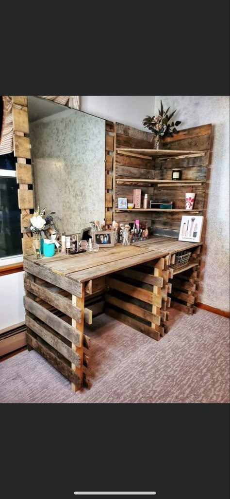 Western Makeup Organizer, Western Vanity, Homemade Vanity, Pallet Vanity, Diy Pallet Vanity, Warren Zeiders, Pallet Dresser, Diy Vanity Table, Pallet Makeup