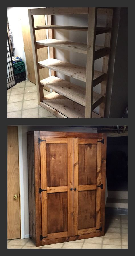 Farmhouse Pantry Storage Cabinets, Pallet Pantry Shelves, Homemade Pantry Cabinet, Freestanding Pantry Cabinet Diy, Diy Wooden Storage Cabinet, Building Pantry Closet, Diy Food Pantry Cabinet, Building Pantry Cabinet, Easy Diy Pantry Cabinet