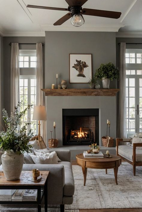 French country living room design, cozy fireplace design, home interior decor, space planning ideas, interior bedroom design, kitchen designs, paint color match Contemporary Country Living Room, Country Fireplace Ideas, Rustic French Country Living Room, Modern French Country Living Room, Charming Fireplace, French Country Living Room Decor Ideas, Warm Neutral Living Room, French Country Fireplace, Distressed Wood Table