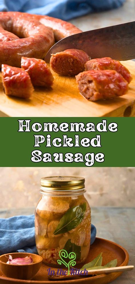 Easy Homemade Pickled Sausage - In the Kitch Pickle Sausage Recipe, Penrose Sausage Recipe, Pickled Sausage Recipe Homemade, Pickled Polish Sausage Recipes, Pickled Hot Dogs, Pickled Weiners Recipes, Penrose Pickled Sausage Recipe, Pickled Kielbasa, Spicy Pickled Sausage Recipe