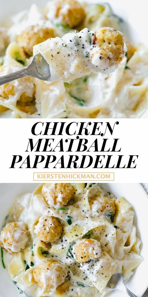 Chicken Meatball Spaghetti, Chicken Meatball Pasta Recipe, Creamy Pasta And Meatballs, Chicken Meatballs Pasta, Meatball White Sauce Recipes, Chicken Pappardelle Recipes, Chicken Meatball Dishes, Chicken Meatballs With Pasta, Recipes Using Chicken Meatballs