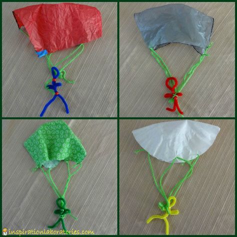 How to Make a Parachute - try all different materials! Stem Activities Transportation, Cause And Effect Stem Activities, How To Make A Toy Parachute, Plastic Bag Parachute, Science Experiment For 2nd Grade, Stem Parachute Activity, How To Make A Parachute, Parachute Stem Challenge, Pipe Cleaner Stem Activities