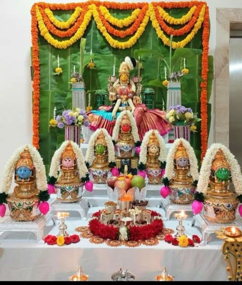 Ashtalakshmi Pooja Decoration, Gouri Pooja Decoration, Dussehra Decoration Ideas, Varamahalakshmi Decoration Ideas, Dasara Decoration Ideas At Home, Varalaxmi Pooja Decoration, Varalakshmi Decoration, Garden Ideas With Plastic Bottles, Pooja Decoration Ideas