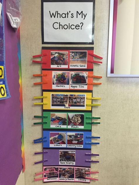 Choice Chart Preschool, Center Enhancements Preschool, Head Start Classroom Setup, Threes Classroom Ideas, Kindergarten Check In System, Ideas For Centers In Preschool, Structured Play Kindergarten, Prek Behavior System, Class Behavior System