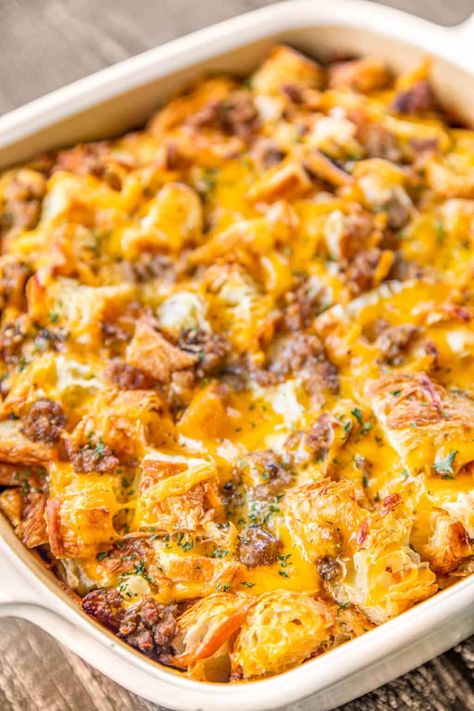 Sausage Croissant Breakfast Casserole - we love this easy overnight breakfast casserole! Only 6 ingredients! Sausage, croissants, cheddar cheese, eggs, half-and-half, and dry mustard. Assemble the night before and bake in the morning. Great for breakfast, brunch, lunch, dinner, and overnight guests. #casserole #breakfast #croissant #sausage Sausage Croissant, Overnight Sausage Breakfast Casserole, Easy Overnight Breakfast Casserole, Easy Overnight Breakfast, Plain Chicken Recipe, Croissant Breakfast Casserole, Croissant Recipes, Simple Family Recipes, Breakfast Croissant