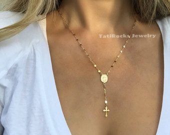 Cross necklace | Etsy Cross Pendant Necklace Woman, Necklace Woman, Necklaces Long, Gold Rosary, Gold Cross Necklace, Rosary Necklace, Long Pendant Necklace, Jewelry Lookbook, Crystal Necklace Pendant