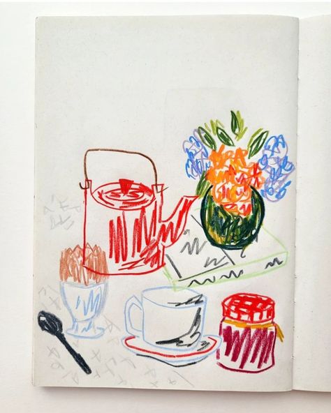 A pencil drawing of a table with a read teapot a small flower arrangement a softboiled egg a book and a jam jar Sketchbook Food Drawings, Breakfast Table Illustration, Pottery Illustration Drawings, Scribble Drawing Doodles, Color Art Drawings, Table Setting Drawing, Art Set Up, Drawing On Table, Objects For Drawing