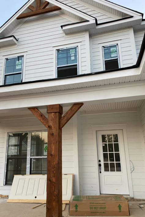 Wooden Beam Front Porch, Farmhouse Porch Beams, Porch Beam Ideas, 6x6 Post Ideas Front Porches, Front Porch With Cedar Posts, Exposed Beam Porch, Cedar Beams Porch, Cedar Pillars Front Porch, Front Porch Pillars Columns