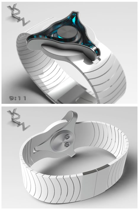 A futuristic watch design submitted to the Tokyoflash Design Studio Blog by Peter from the UK. "The time is told by the three belts driven by wheels where the hands would normally be, the top belt displays the hours, the lower left belt 10 min groups and the third lower right belt single minutes." #futuristicwatches #uniquewatches #watchdesign #tokyoflash #kisai #coolwatches #uniquewatches Futuristic Watch Design, Belt Displays, Futuristic Watches, Future Watch, Belt Display, New Technology Gadgets, Spy Gadgets, Belt Design, The Hours