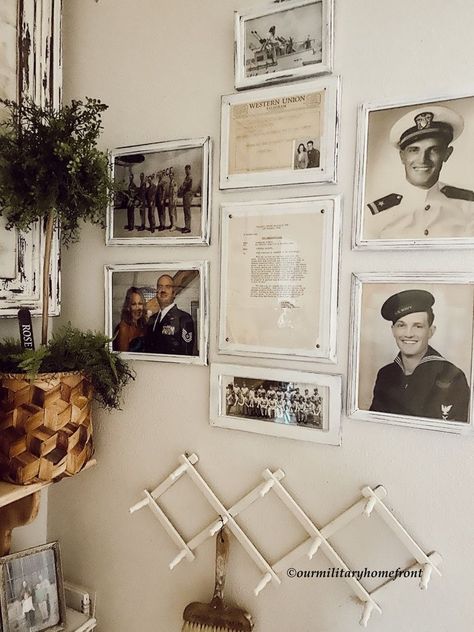 Military Wall Decor Ideas, Military Wall Display, Military Home Decor, Basement Update, Branches Of The Military, Memorabilia Display, Disney Room Decor, Military Decor, Family Room Walls