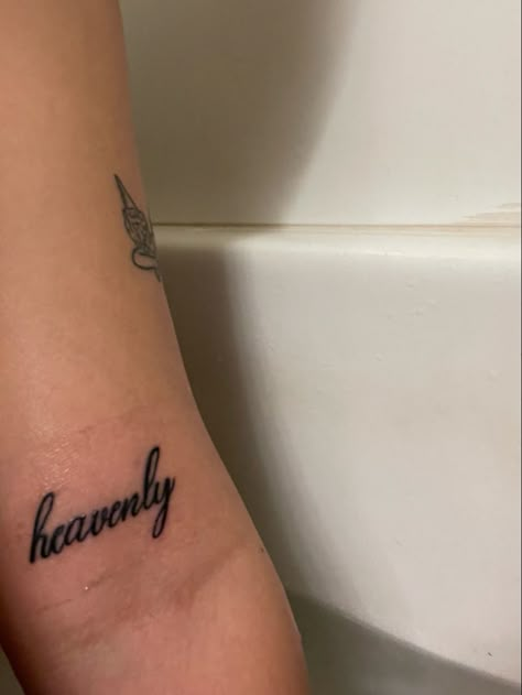 Heavenly Tattoos Word, Baddie Mini Tattoos, Heavenly Tattoos Women, Heavenly Angel Tattoo, Sent From Heaven Tattoo, Tatoos About God, One Of None Tattoo, Heaven Quotes Tattoos, Angel Energy Tattoo Cursive