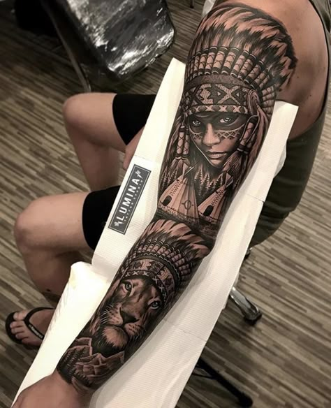 Aztec Tattoos Sleeve, Headdress Tattoo, Tato Flash, Mangas Tattoo, Lion Tattoo Sleeves, Native American Tattoo, Full Leg Tattoos, Native Tattoos, Native American Tattoos