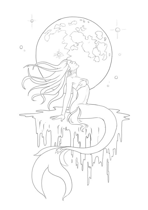 ArtStation - Moon: Mermay Day 13 colored, Yasushi Matsuoka Fortune Teller Art, Mermaid Outline, Wings Sketch, Mermaid Sketch, Mermaid Moon, Moon And Clouds, Sea Drawing, Pencil Drawings For Beginners, Mermaid Wall Art