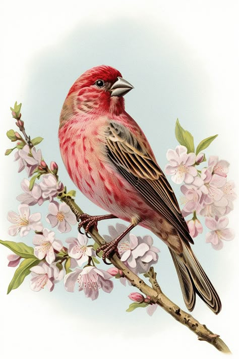 Antique Bird Cages, Birds Clipart, Vintage Bird Illustration, Pink Birds, Bird Images, Printable Vintage Art, Bird Clipart, Red Blossoms, Canvas Landscape