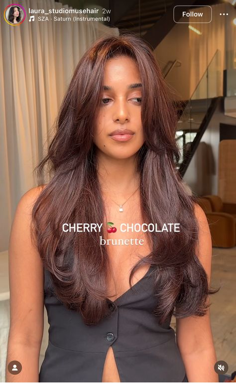 Long U Layered Hair, Makeup For Red Brown Hair, Bropper Hair Color, Cherry Chocolate Hair On Brown Skin, Dark Brown With Hint Of Red, Red Brown Hair Makeup, Brown Skin Colored Hair, Brown Maroon Hair, Best Hair Colours For Indian Skin