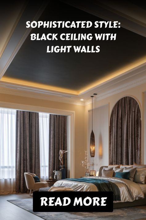 Sophisticated bedroom with black ceiling, light walls, and elegant decor. Dark Ceiling Bedroom, Black Ceiling Bedroom, Black Painted Ceiling, Black Ceilings, Light Walls, Dark Ceiling, Moody Vibes, Bold Aesthetic, Sleek Furniture