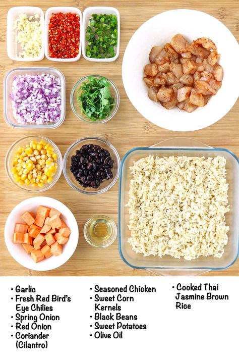 This Mexican Fried Rice with Chicken is easy to make in 30 minutes and bursting with flavor! Juicy seared chicken pieces are tossed with red onion, black beans, corn, sweet potatoes and rice in a warm taco sauce for a nutritious meal that will make your tastebuds sing! #friedrice #mexicanfood #mexicaninspired #fusion #easyrecipes #dinner #highprotein #highproteinmeals #highfiber #mealprep #glutenfree | That Spicy Chick Mexican Fried Rice, Rice With Chicken, Potatoes And Rice, Black Beans Corn, Seared Chicken, Taco Sauce, Chicken Pieces, Chicken Fried Rice, Chicken Seasoning